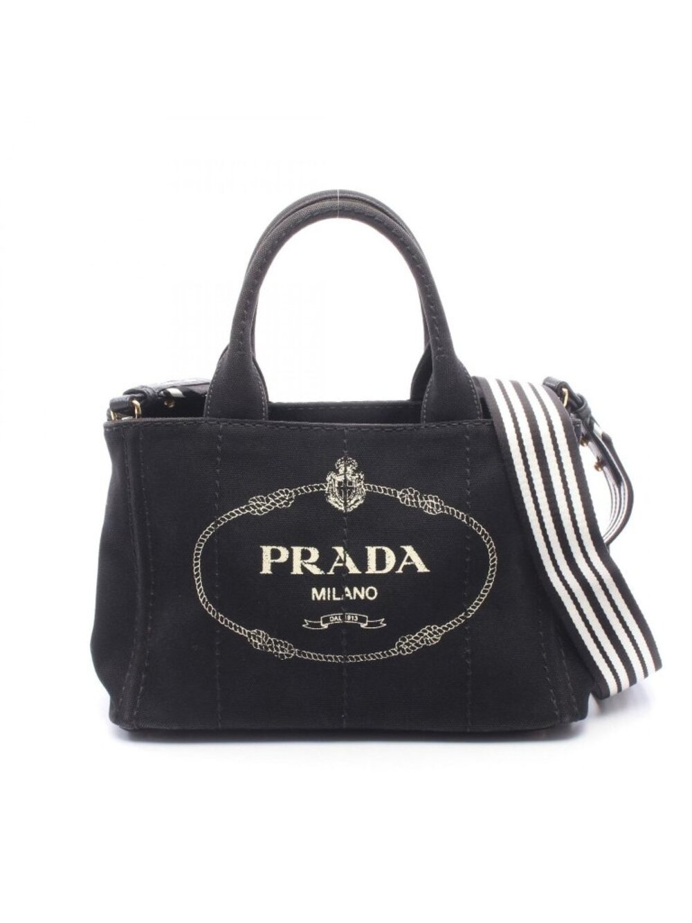 Prada Tote Bag Canapa 2-Way Black White Canvas Mini